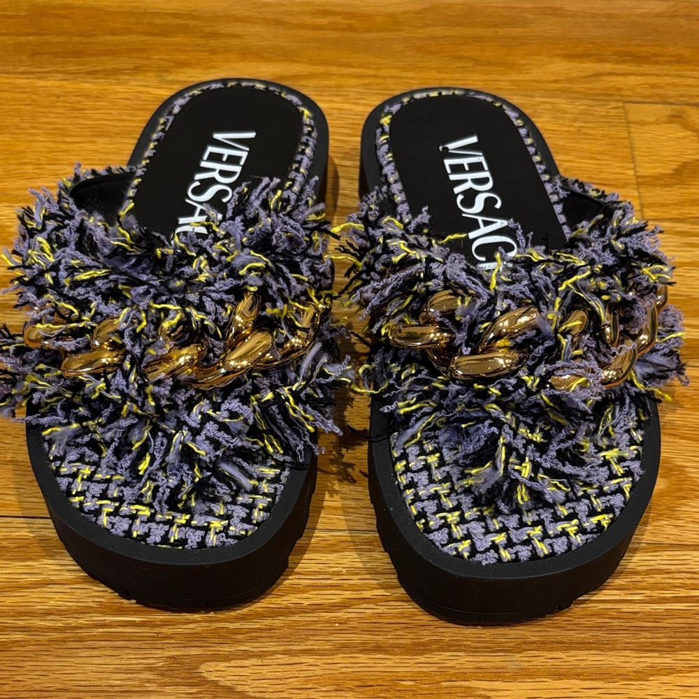 Versace Purple & Yellow Fringe Chain Slide Sandals